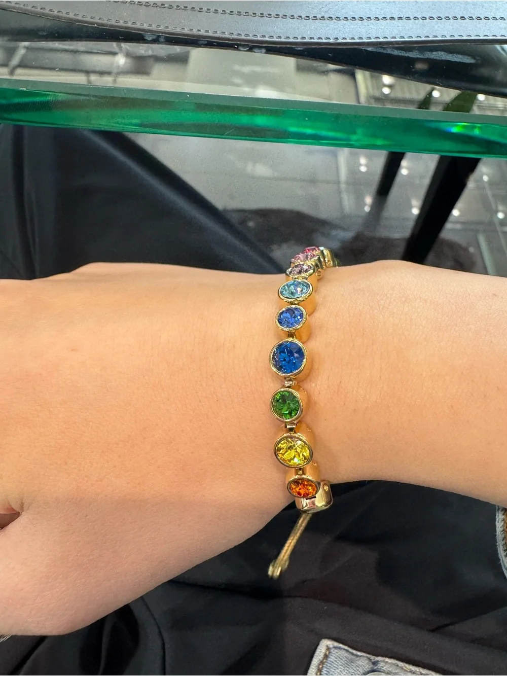 New Yellow Gold-tone Bezel-Set Rainbow Gemstone Tennis Bracelet